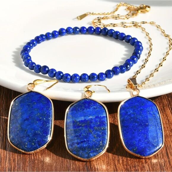 Lapis Lazuli Necklace Pendant Bracelet & Earrings Set - Picture 1 of 6